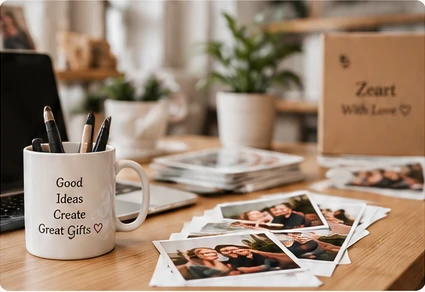 A mug and photographs on a craft table